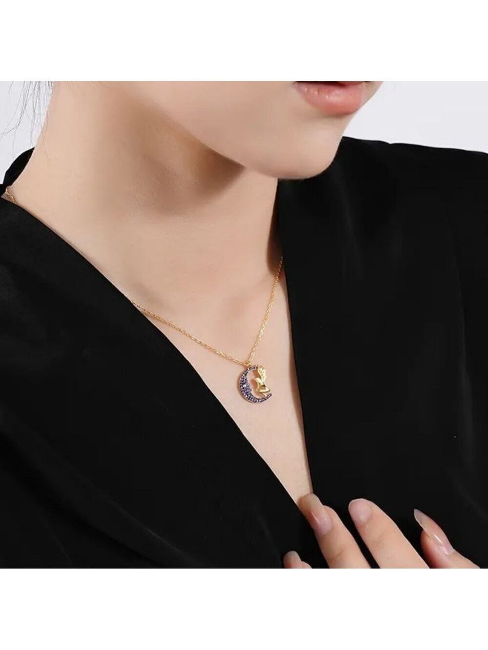 925 Sterling Silver Plated with 18k Yellow Gold Angel On Moon CZ Pendant - Picture 4 of 6